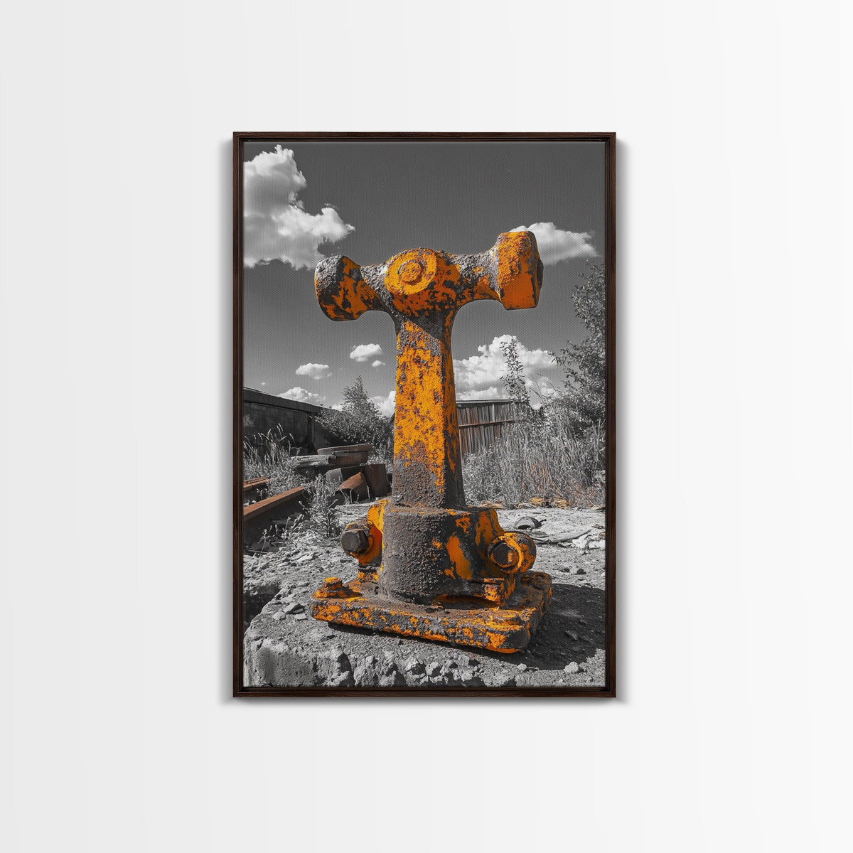 Rusty Bolt, Yellow Steel, Industrial Contrast, Framed Canvas Print, Garage Decor, Workshop Wall Art, Urban Grunge Photography