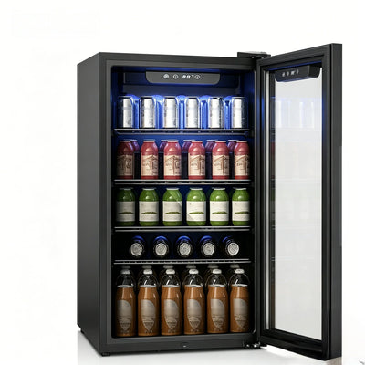 EKOJUCE Beverage Refrigerator and Cooler, 126 Can Mini fridge with Glass Door, Small Refrigerator with Adjustable Shelves for Soda Drinks or coco, Perfect for Home/Ba r/Office (Black/Sliver Steel)