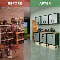 Garage Cabinet System | Heavy Duty Steel All-In-One Modular Garage Cabinet Set for Ultimate Workshop Organization | Easy Assembly Garage Storage Cabinets & Tool Bench — Before & After