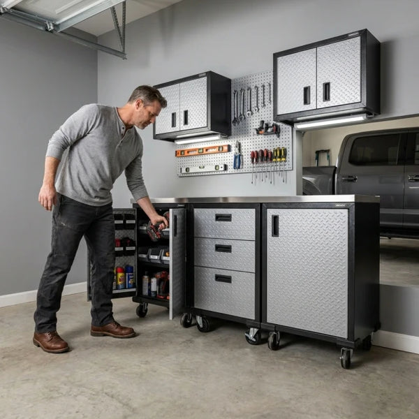 Garage Cabinet System Built for Heavy Duty Organization, Modular Steel Construction, Tool Bench Workstation