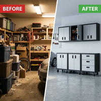 Garage Cabinet System | Heavy Duty Steel All-In-One Modular Garage Cabinet Set for Ultimate Workshop Organization | Easy Assembly Garage Storage Cabinets & Tool Bench — Before & After